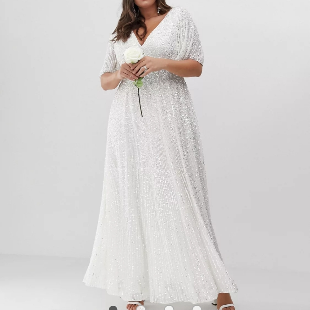 ASOS Curve Flutter Sleeve Sequin Maxi Wedding Dress